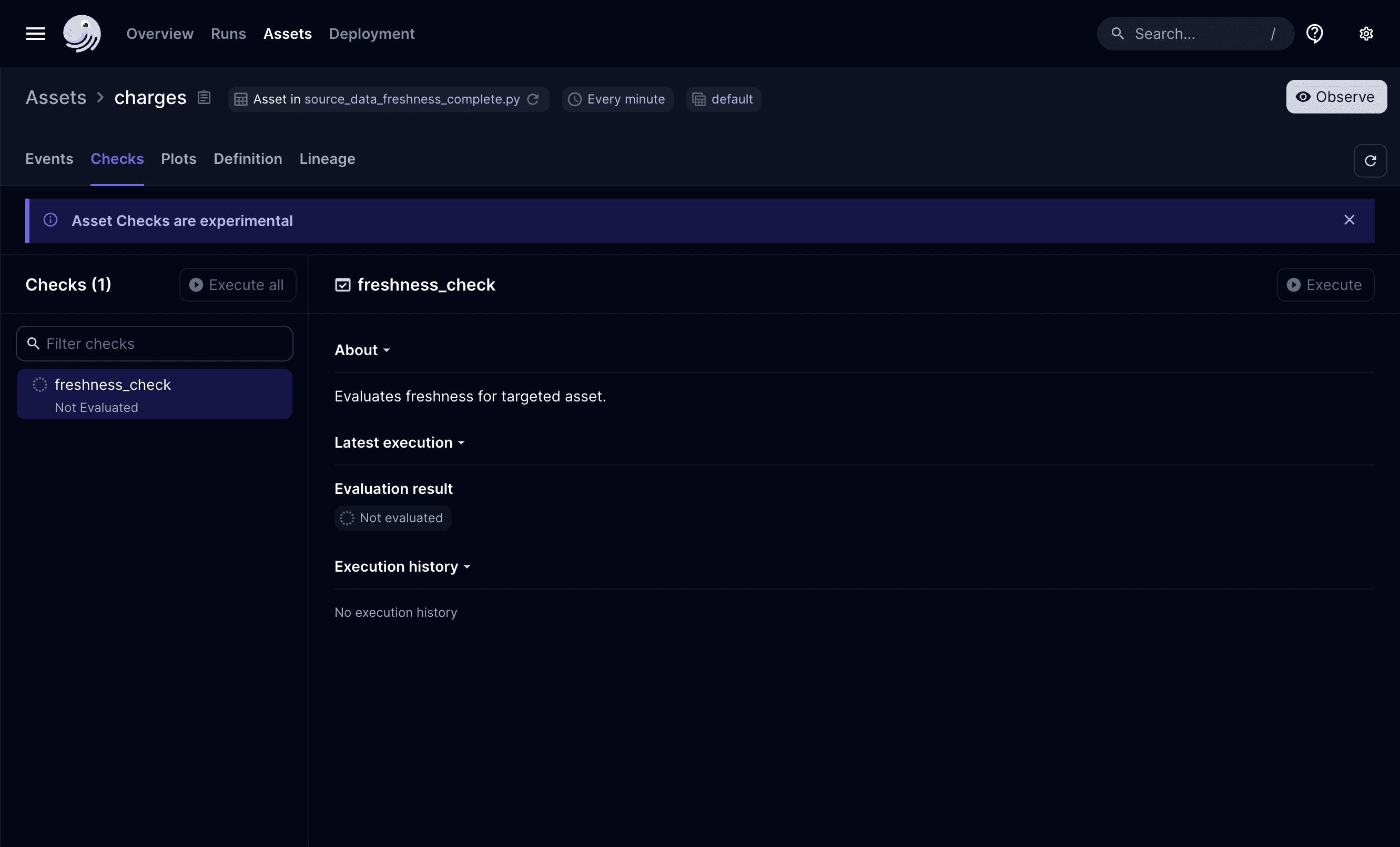 The Asset Checks page, opened to a freshness check in the Dagster UI